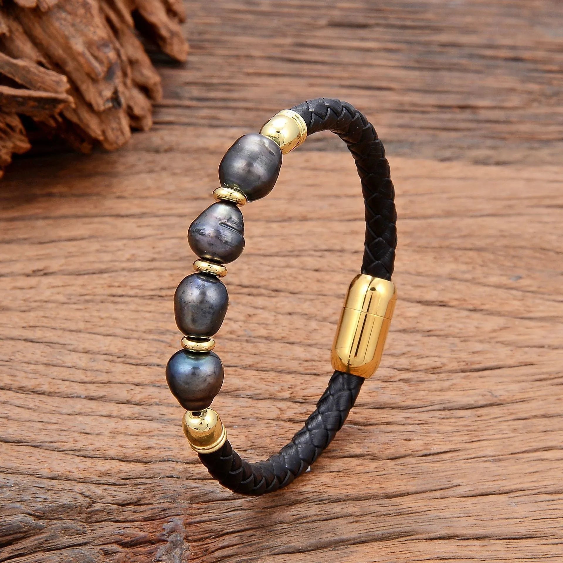 Korean style unisex leather bracelet with irregular natural pearls in six colour options