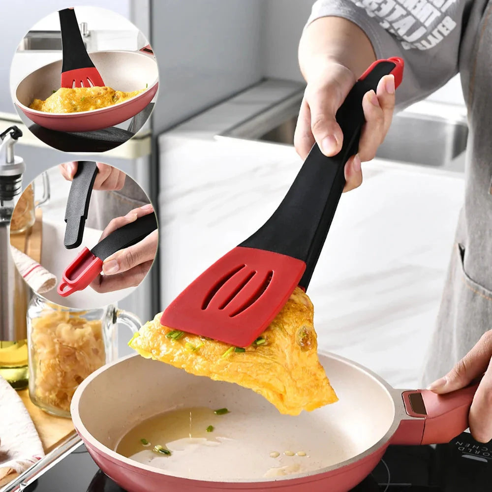 3-in-1 silicone food clip spatula for flipping, scraping, and cooking