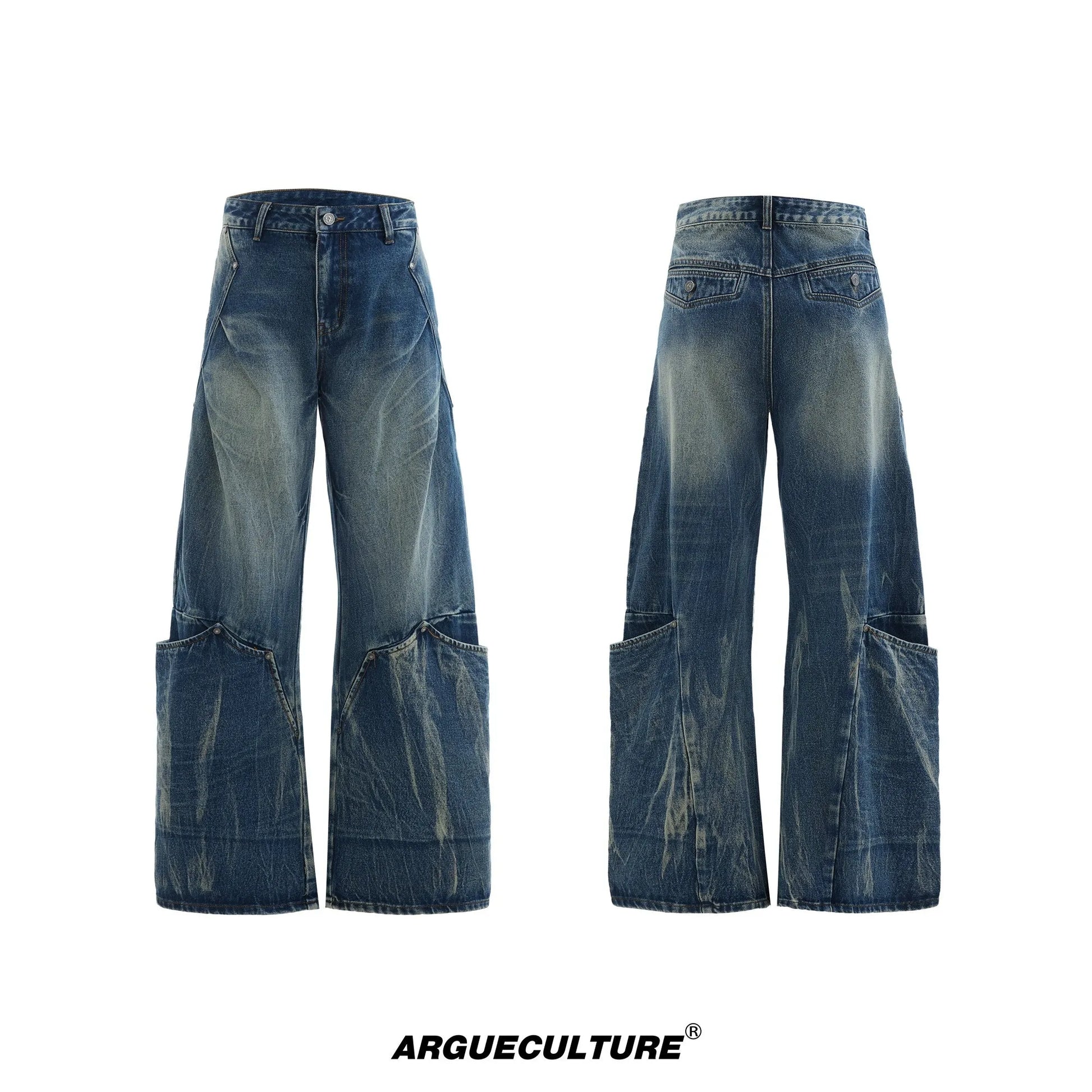 Men's verdant blue jeans with washed burst pattern and curved knife design, showing loose fit and retro style.