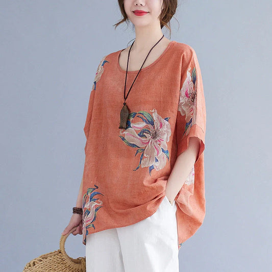 Korean Cotton Hemp Summer Top in yellow and orange with loose fit