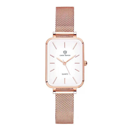 Women's waterproof quartz watch with rose gold alloy case and woven steel strap on wrist