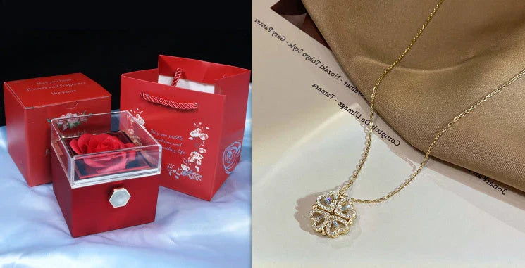 Enchanting magnetic heart-shaped four-leaf clover pendant necklace in gold, silver, and rose gold colors
