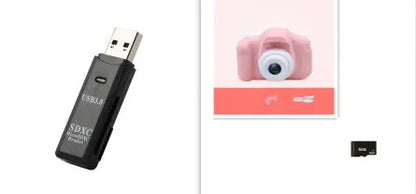 Colourful kids digital camera with silicone case showing 2-inch screen and lens.
