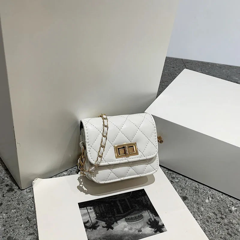 Women's PU shoulder messenger bag with diamond chain and sewing thread trim, black or beige, large 18cm or small 12cm