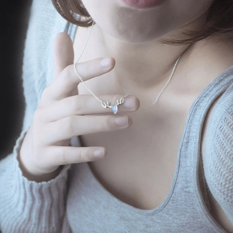 S925 Sterling Silver Elk Necklace with glowing Moonstone Pendant, Korean style jewelry