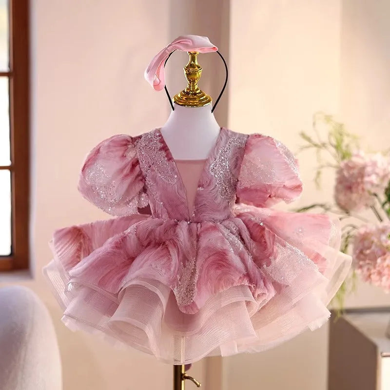 Girls pink polyester princess dress for weddings and performances, sizes 80cm to 150cm.