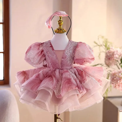 Girls pink polyester princess dress for weddings and performances, sizes 80cm to 150cm.