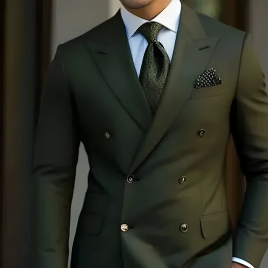 Men's light business suit set comprising a coat and trousers in a cotton blend fabric.
