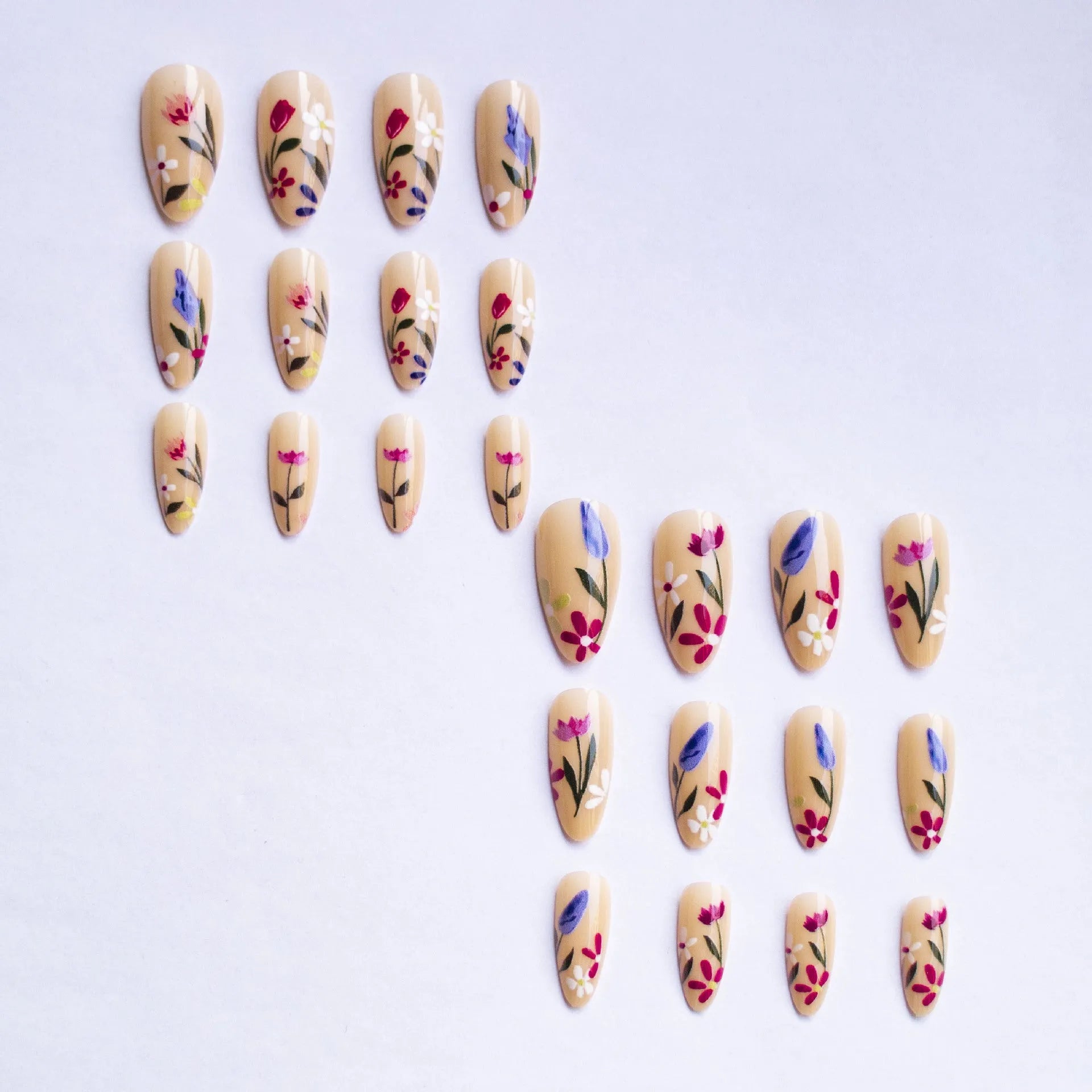 Almond-shaped removable nail art with floral rose and tulip patterns in European American style