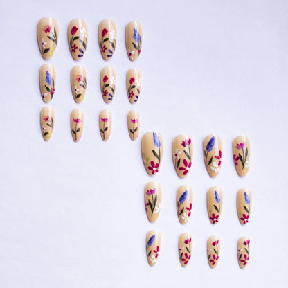 Almond-shaped removable nail art with floral rose and tulip patterns in European American style