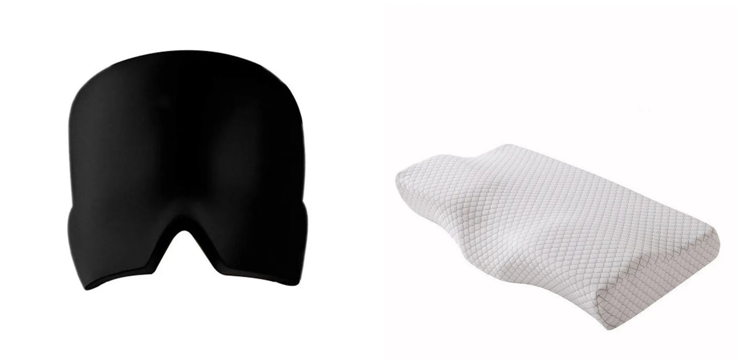 Black elastic gel headache relief mask laid flat showing eye contours and adjustable headband.