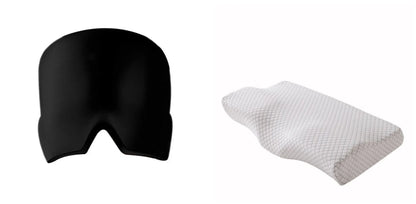 Black elastic gel headache relief mask laid flat showing eye contours and adjustable headband.