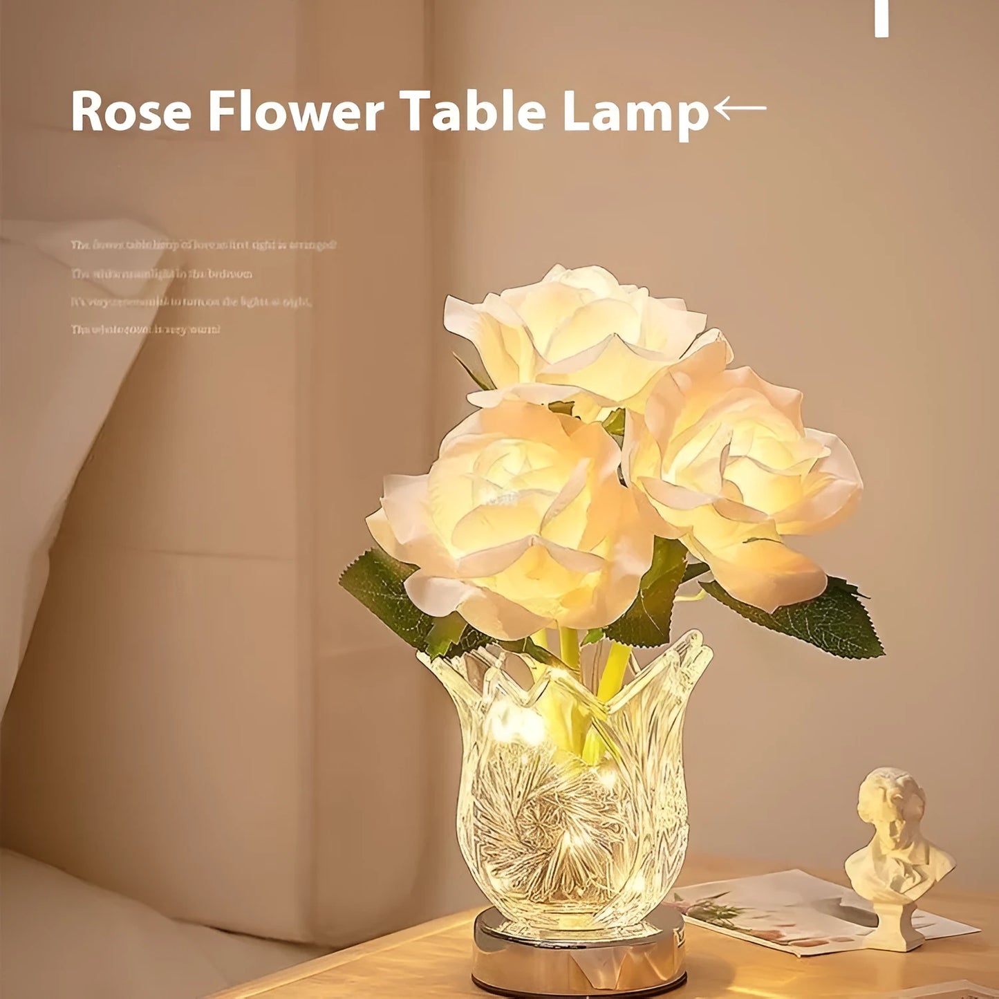 Modern crystal flowers design rechargeable touch table lamp with dimming control on a bedside table.