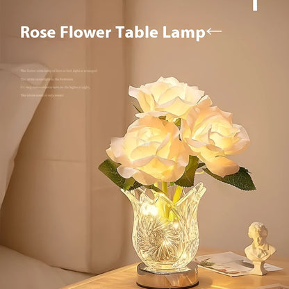 Modern crystal flowers design rechargeable touch table lamp with dimming control on a bedside table.