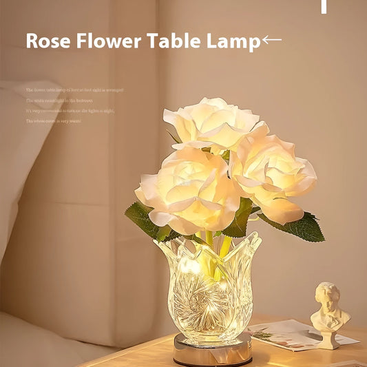 Modern crystal flowers design rechargeable touch table lamp with dimming control on a bedside table.