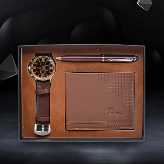 Creative Holiday Gift Wallet Pen Watch Set in brown and black options with OPP packaging