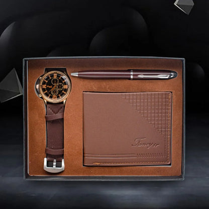 Creative Holiday Gift Wallet Pen Watch Set in brown or black with OPP gift box, showing wallet, pen, and watch for business and personal gifting