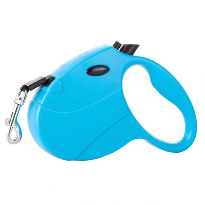 Automatic telescopic pet traction rope showing compact 140x168mm size and ABS plastic construction