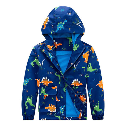 Kids' windproof waterproof fleece-lined hooded jacket in camouflage and plain colours, height 110cm to 160cm