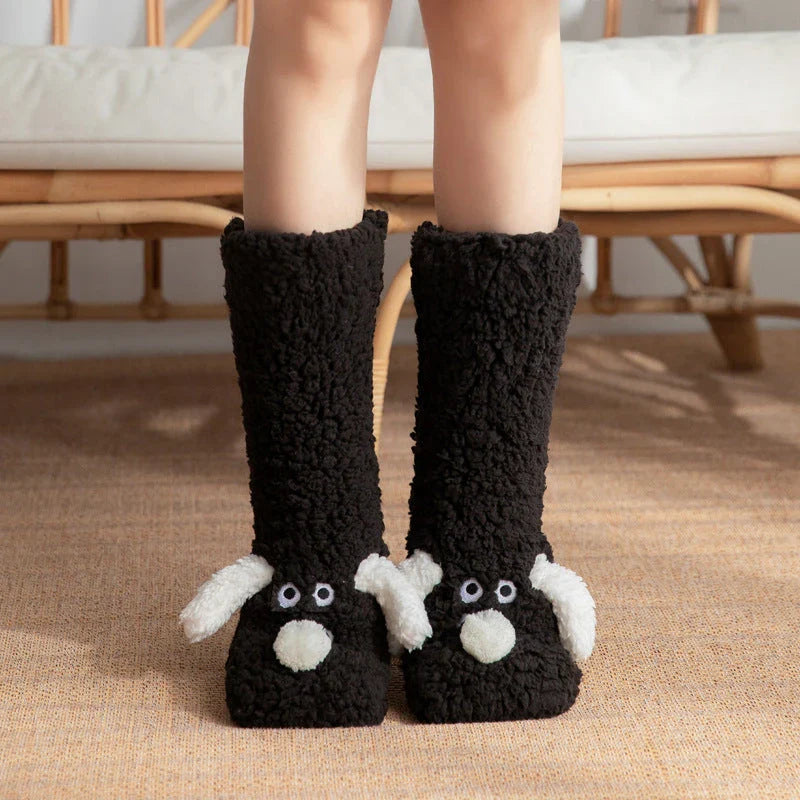 Cozy cartoon dog socks in various colors featuring plush, non-slip designs for comfortable winter wear