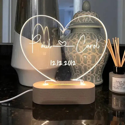 Custom LED night light with 20cm x 11.5cm acrylic plate displaying personalised text, USB powered for bedroom decor