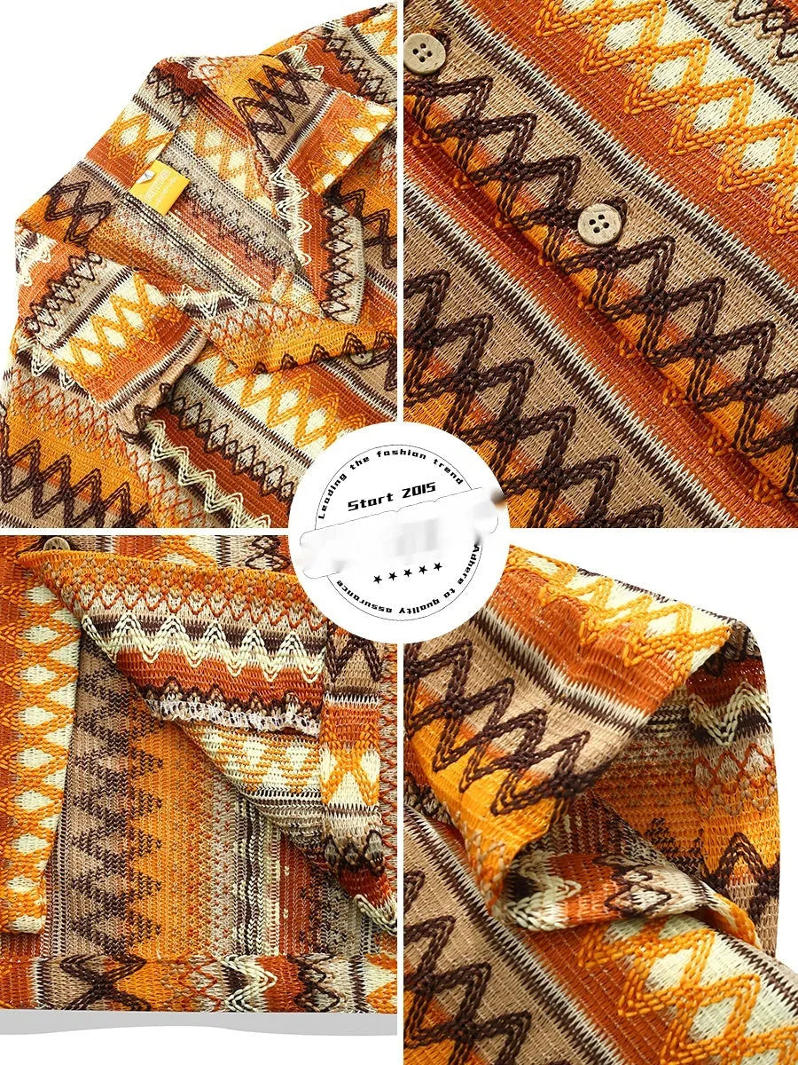 Ethnic style woven Cuban collar shirt with contrast colours, loose fit, and short sleeves.