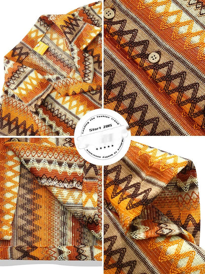 Ethnic style woven Cuban collar shirt with contrast colours, loose fit, and short sleeves.