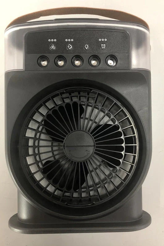 Portable USB-powered evaporative air cooler with 5 mist sprays, 7 color lights, and 600ML water tank