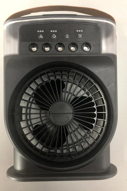Portable USB-powered evaporative air cooler with 5 mist sprays, 7 color lights, and 600ML water tank
