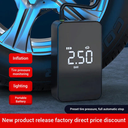 Wireless digital display tyre inflator pump showing pressure reading, with four air nozzles and flannelette storage bag