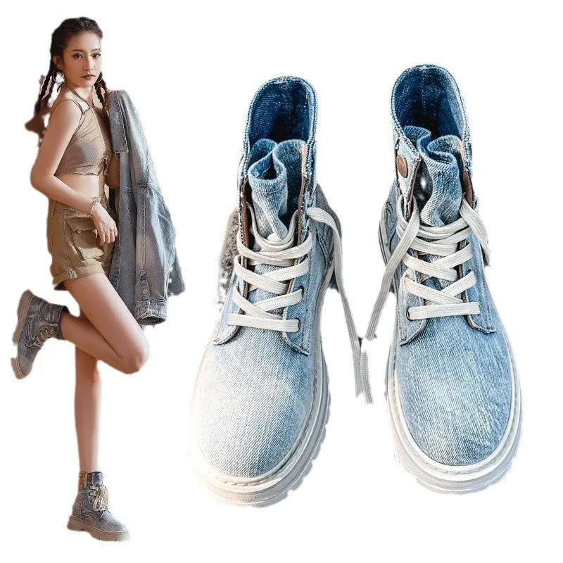Women's retro denim Martin boots with thick rubber sole, square low heel, front lace-up, light blue or creamy white