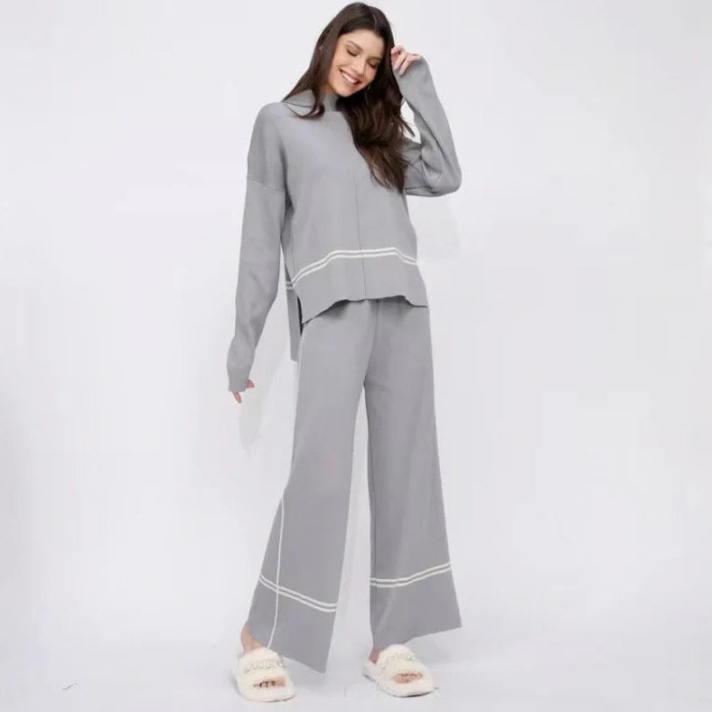 Autumn and winter knitted two-piece set with mercerised cotton fabric in five colour options, designed for commuting with regular sleeves and full-length trousers in a one-size fit for women