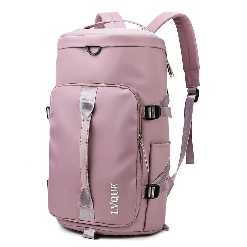 Waterproof nylon convertible gym bag with shoe compartment showing multiple pockets and carrying straps