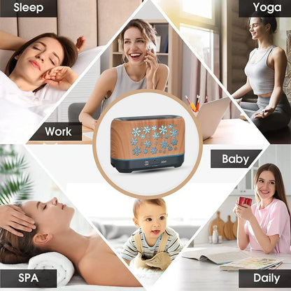 Square Christmas snowflake pattern humidifier with wood grain design and colourful flame lighting effect on desktop