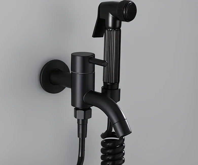 Single cold sink wall faucet with coiled telephone cord hose and push-type spray gun for mop pool installation