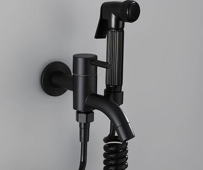Single cold sink wall faucet with coiled telephone cord hose and push-type spray gun for mop pool installation