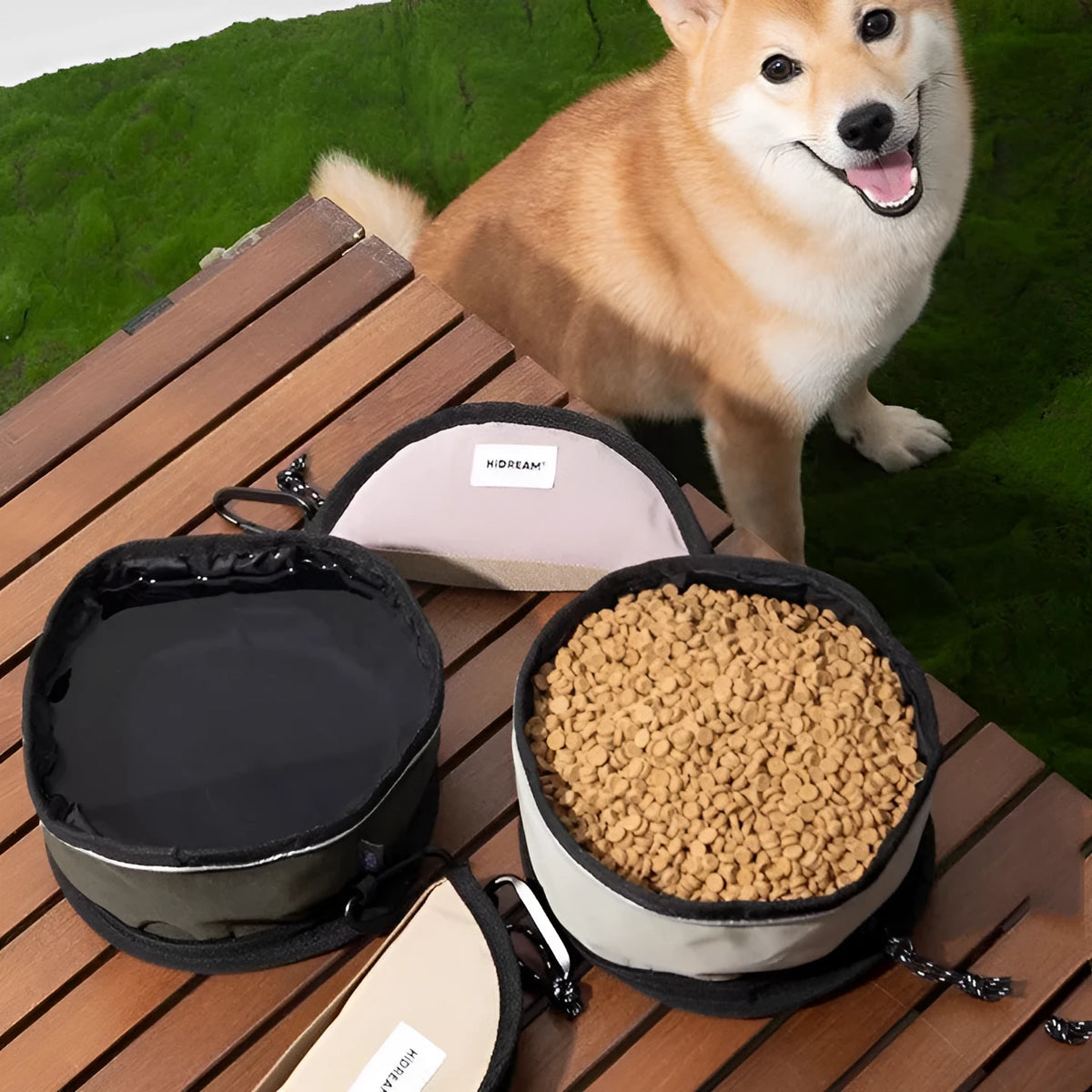 Folding pet water bowl in 190D nylon waterproof cloth, 1000ml capacity, shown in Chestnut Pink, Dark Green, Gray Green or Khaki
