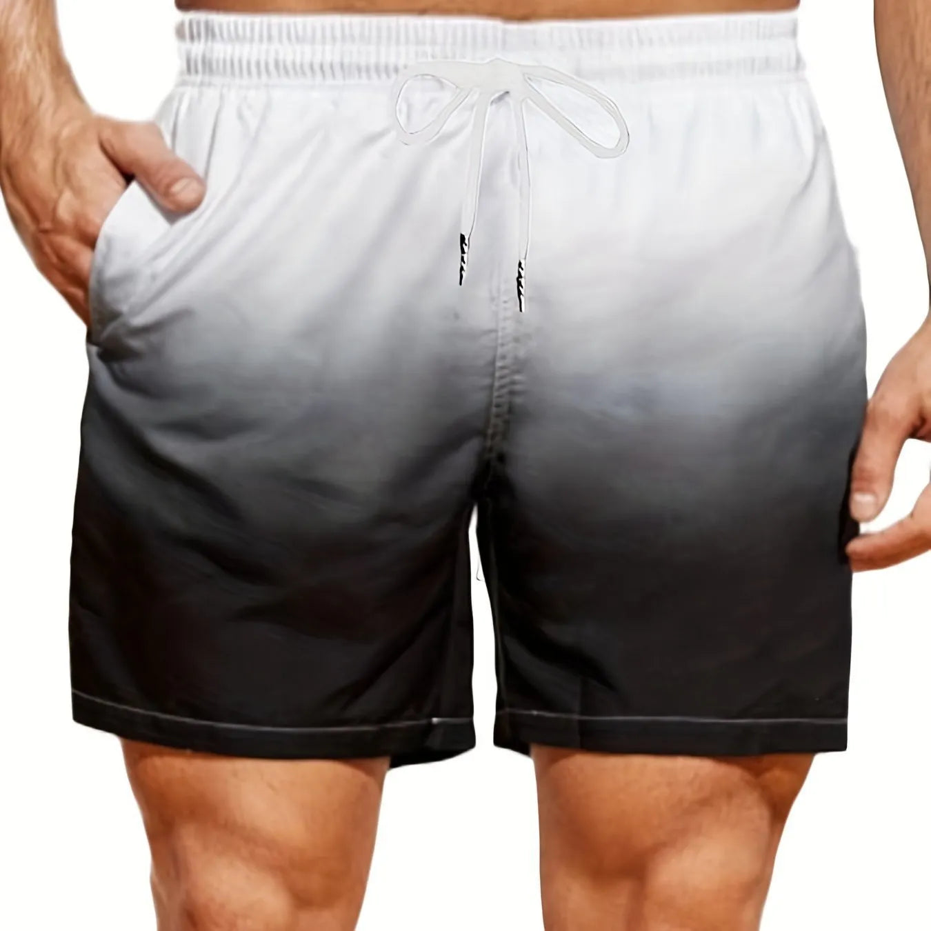 Men's grey gradient 3D print mesh sports shorts on a white background, showing shorts length and fabric texture.