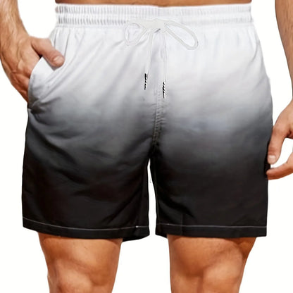 Men's grey gradient 3D print mesh sports shorts on a white background, showing shorts length and fabric texture.