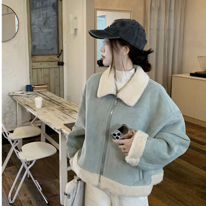 Korean-style lamb wool and fur coat in light blue or khaki, loose fit, thick chenille with spandex, 50cm length.