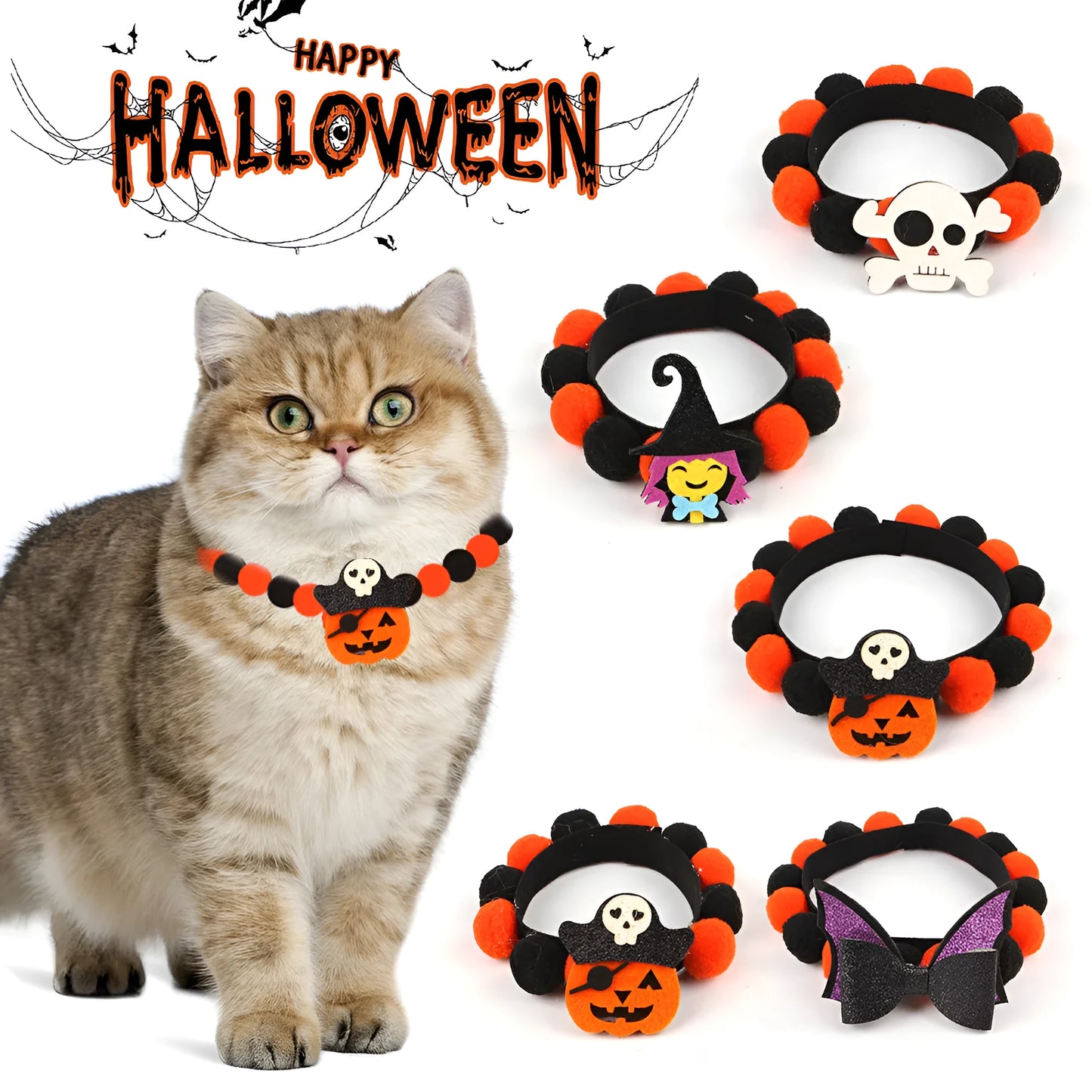 Halloween fur ball pet collar with pumpkin, pirate, witch and skull designs in six colour options