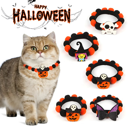 Halloween fur ball pet collar with pumpkin, pirate, witch and skull designs in six colour options