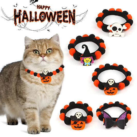 Halloween fur ball pet collar with pumpkin, pirate, witch and skull designs in six colour options