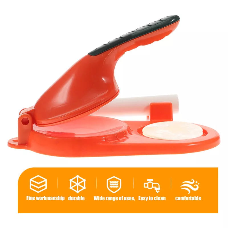 3-in-1 dumpling maker with ergonomic handle in pink, orange, white, and green