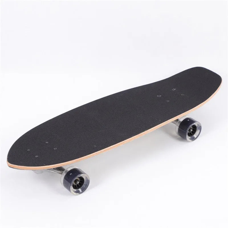White 31-inch maple wood street scooter on pavement, showing non-folding cruiser design.