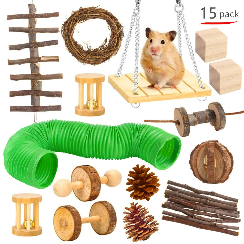 Assortment of wooden and natural fibre chew toys for small pets including balls, rings and woven shapes.