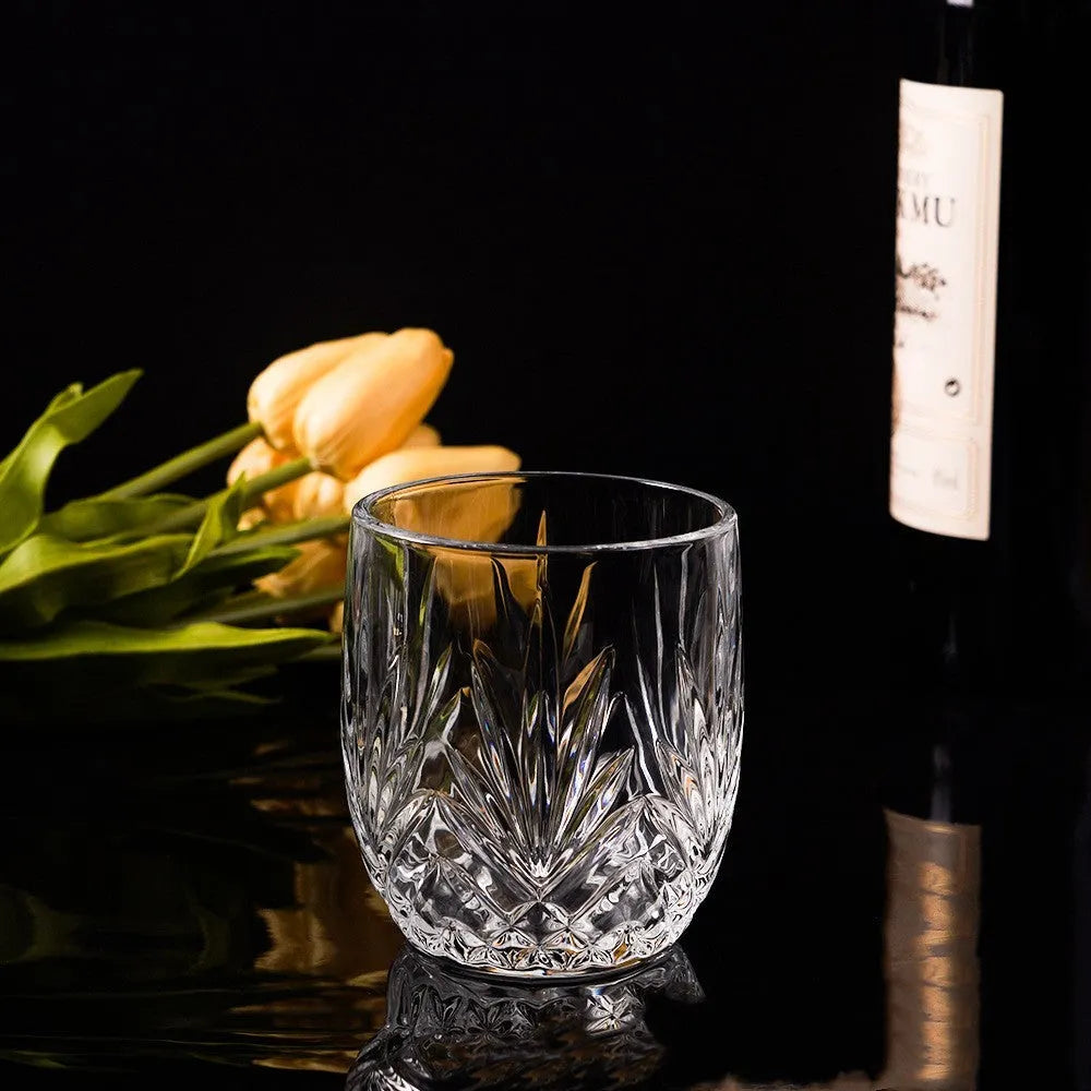 Whiskey shot glass with thick bottom, crystal clear, 350ml capacity, on wooden table