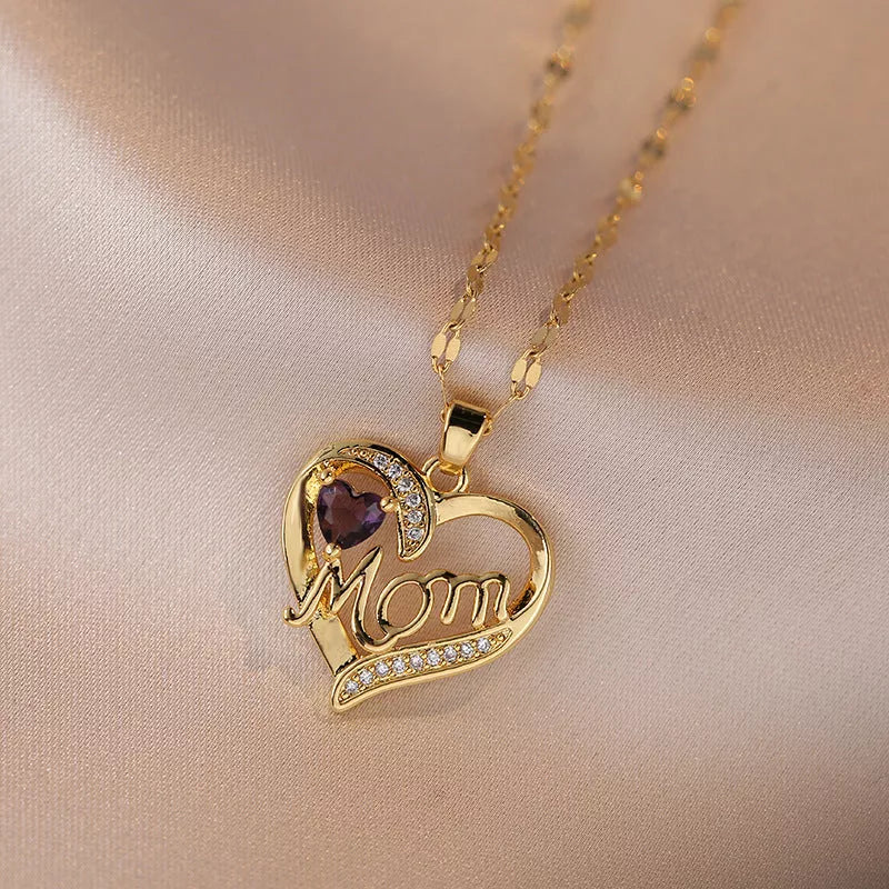 Stainless steel heart flower pendant necklace with high-grade zircon stones on adjustable chain