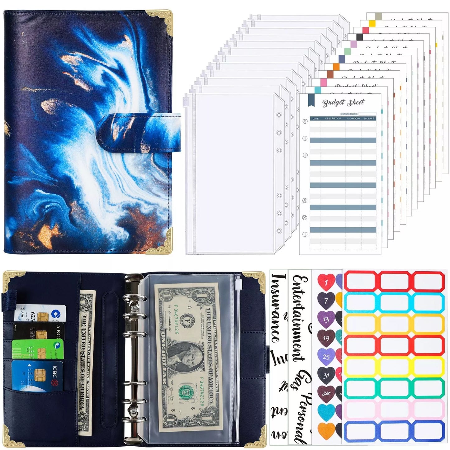 A6 loose spiral notebook with PU leather cover in various colors, featuring spiral binding and included accessories