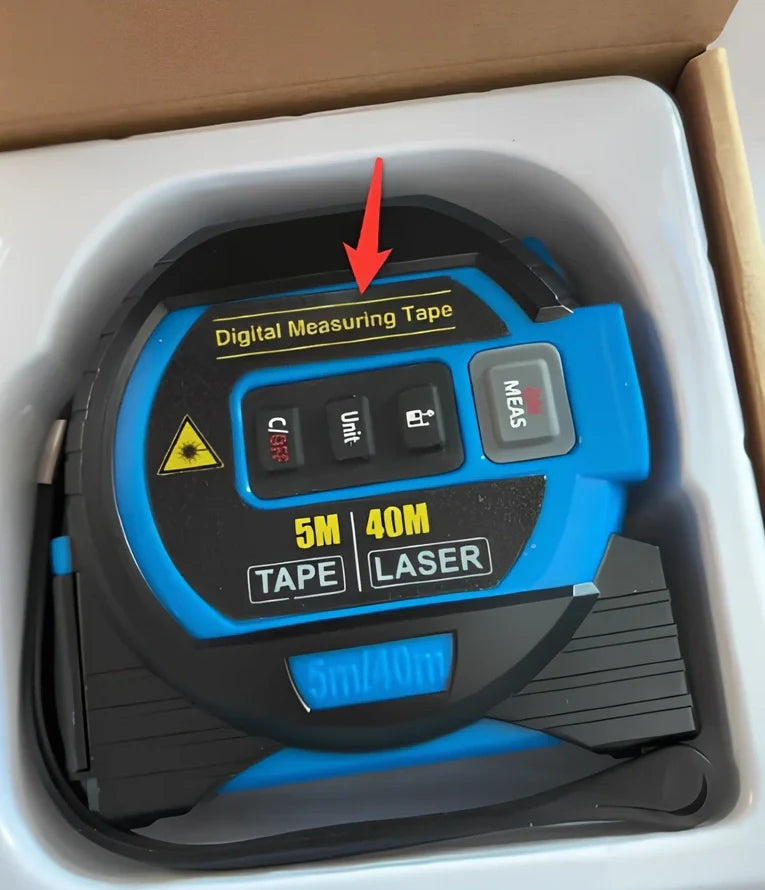 Blue 3-in-1 laser tape measure showing 5m tape extended and 60m infrared beam for construction ranging
